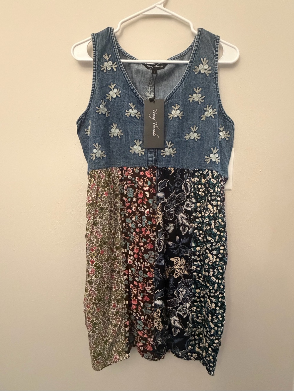 Young Threads Denim Patchwork Floral Sundress with Embroidered Detail Sz L